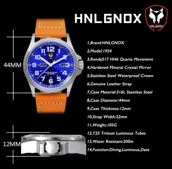 Hnlgnox Mens Avaitor Laikrodžiai Karinės Tričio Laikrodžiai T25 Šviesos Sporto 200M Atsparus Vandeniui, Kvarcinis Laikrodis Dual Kalendorius