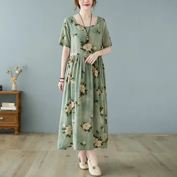 Moterų Medvilnės Skalbiniai Atsitiktinis Suknelė Naują Atvykimo 2021 M. Vasarą Vintage Stiliaus Gėlių Spausdinti Prarasti Ponios-line Ilgu Suknelės B682