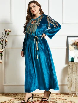 Žiemos Aksomo Suknelė Moterims Musulmonų Abaja Dubajus Blyksnius Rankovės-line Siuvinėjimo Vestidos Maxi Turkija Malda Islamo Drabužių Panele
