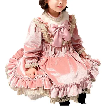 Baby girl Derliaus ispanijos Rudens Žiemos Aksomo Pompom Kamuolys suknelė Princesė Lolita Dress Šalies Kalėdų Gimtadienis