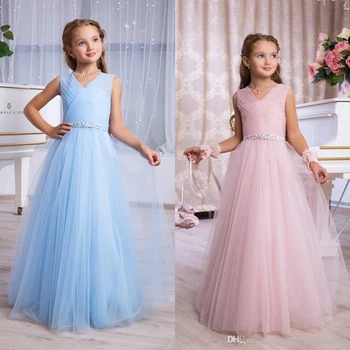 Šviesos Sky Blue & Blush Pink Mergaitės Oficialų Renginį Dėvėti Sukneles 2019 Plisuotos V Kaklo Ilgai Junior Bridesmaid, Chalatai Mielas Gėlių