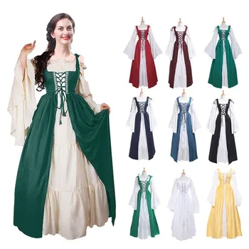 Vintage Stiliaus XXXXL Renesanso, Viduramžių Kostiumų Airijos Per Suknelę, Retro Cosplay Kostiumų Žibintų Rankovėmis Suknelė Vintage Ilgas Sijonas