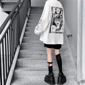 HOUZHOU Gotikos T-marškinėliai Moterims Harajuku Anime Moterų Viršūnių 2021 M. Rudenį Long Sleeve Tee Streetwear Goth Grafinis Laisvi Marškinėliai