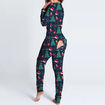 Seksualus Pyjama Moterų Jumpsuit Kostiumas Mygtuką žemyn Priekio Atgal Užpakalis Bum atidaryti Asilas Atvartu Jumpsuit Loungewear Kalėdų Spausdinti Susegamas