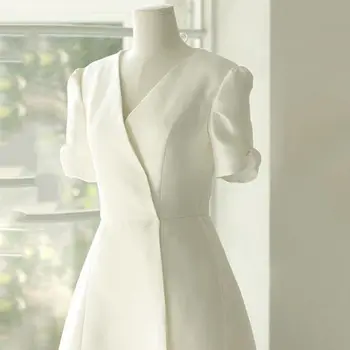 # 9143 2020 M. Naujo Dizaino-Line Prancūzijos Paprasta Satino Trumpomis Rankovėmis V-Kaklo, Vestuvių Suknelė Vestuvių Suknelės