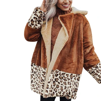 2020 Naujas Moterų Rudens/Žiemos Stori Paltai Karšto Mados Atvartas Pliušinis Leopardas Spausdinti Striukė Viršūnes Moterų Ilgomis Rankovėmis Viršūnes Kratinys