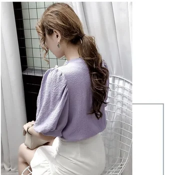 Vasaros korėjos versija 2021 naujų užsienio stiliaus perlas V-kaklo dizaino prasme yra plonas raukšlės burbulas trumparankoviai marškinėliai top moterims 1