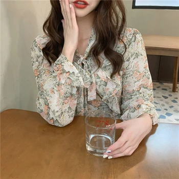 HziriP Korėjos Saldus Gėlių Šifono Prarasti Ilgomis Rankovėmis Marškinėliai Moterims 2021 Atsitiktinis Visas Rungtynes, Švelnus, Elegantiškas V-Kaklo, Ilgomis Rankovėmis Marškinėliai 1