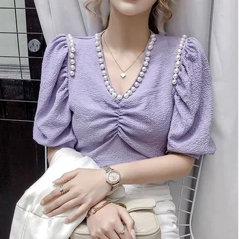 Vasaros korėjos versija 2021 naujų užsienio stiliaus perlas V-kaklo dizaino prasme yra plonas raukšlės burbulas trumparankoviai marškinėliai top moterims 2