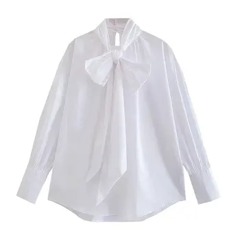 Moterų Marškinėliai Balti Office Moteris Palaidinės 2021 Metų Mados Rudenį Lankas-mazgas Vintage Marškinėliai Topai Atsitiktinis ilgomis Rankovėmis Elegantiška Palaidinė 2