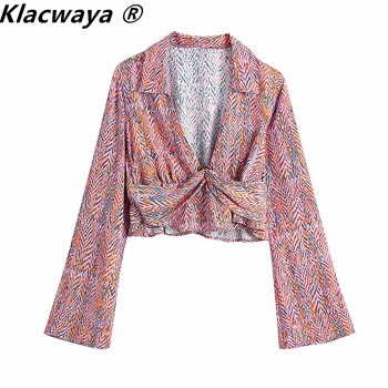 Klacwaya 2021 Moterų Derliaus Sagtis Dizaino Hem Klostyti Raukiniai Trumpi Marškinėliai Spausdinti Kimono Palaidinė Lady Blusas Marškinėliai Moteriška Apkarpyti Viršūnes 2