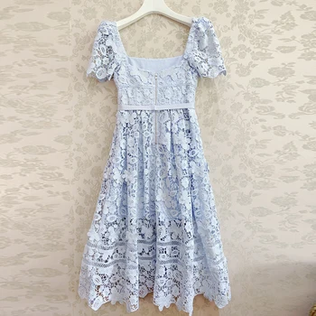 AELESEEN Aukštos Kokybės kilimo ir tūpimo Tako Mados Moterų Nėrinių Suknelė 2021 M. Vasaros Aikštėje Apykaklės Gėlių Siuvinėjimas Dangaus Mėlyna Balta Elegantiška Suknelė 2