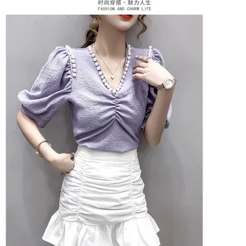 Vasaros korėjos versija 2021 naujų užsienio stiliaus perlas V-kaklo dizaino prasme yra plonas raukšlės burbulas trumparankoviai marškinėliai top moterims 3