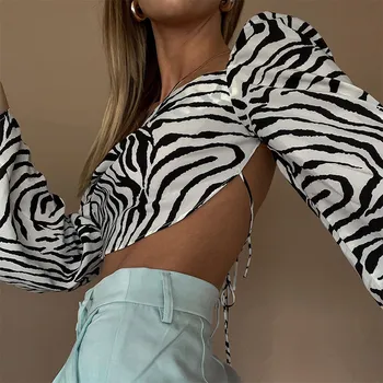 Zebras Spausdinti Moterų Aikštėje Apykaklės Apkarpyti Viršūnes 2021 M. Rudenį Naujų Backless Nėrinių Blyksnius Rankovėmis Palaidinės Ponios Sexy Fashion Drabužiai 3