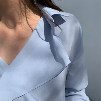 2021 m. Pavasarį Korėja Šifono Marškinėliai Naujas ilgomis Rankovėmis Chic V Kaklo Kompleksinio Projekto Mėlyna Palaidinė Moterims Atsitiktinis Visas rungtynes, Laisvi Viršūnes 13893 3