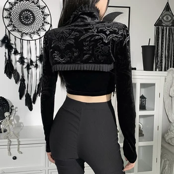 InsGoth Derliaus Sexy Black Velvet Apkarpyti Viršūnes Estetinės Goth Long Sleeve T-Shirts Elegantiškas Mygtuką Iki Viršūnės Šalis Suknelė Priedų 3