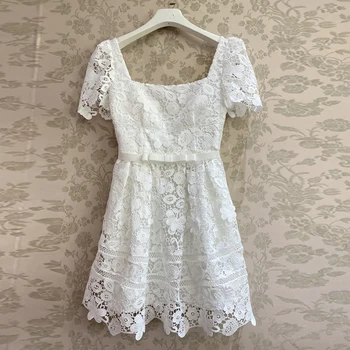 AELESEEN Aukštos Kokybės kilimo ir tūpimo Tako Mados Moterų Nėrinių Suknelė 2021 M. Vasaros Aikštėje Apykaklės Gėlių Siuvinėjimas Dangaus Mėlyna Balta Elegantiška Suknelė 3