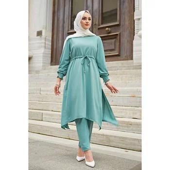 Juostinės Dvigubai Kostiumas abayas musulmonų rinkiniai, kukli apranga, turkija suknelės moterims suknelė, hijab musulmonų viršūnes islamo drabužių abaja yra 3