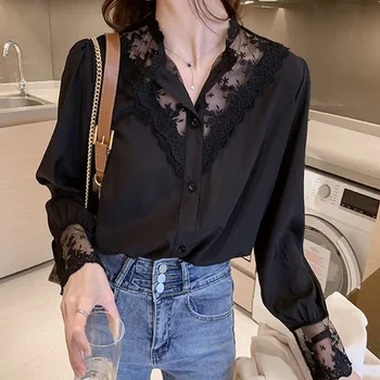 Naujas Nėrinių Kratinys Šifono Marškinėliai Moterims Y2K Derliaus korėjos Stiliaus Mygtuką Ilgas Rankovėmis Palaidinės Elegantiškas O-neck Slim 