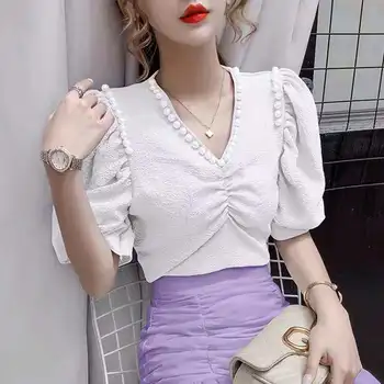 Vasaros korėjos versija 2021 naujų užsienio stiliaus perlas V-kaklo dizaino prasme yra plonas raukšlės burbulas trumparankoviai marškinėliai top moterims 4