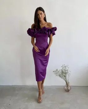 Vestidos Elegantes Para Mujer Violetinė Off Peties Vakaro Suknelės 2022 Raukiniai Satino Prom Chalatai Oficialų Naktį Vestidos De Fiesta 4