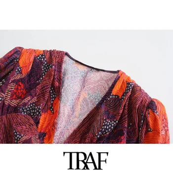 TRAF Moterų Mados Puoštas Spausdinti Palaidinės Derlius V-Kaklo, ilgomis Rankovėmis Moteriška Marškinėliai Blusas Prašmatnus Viršūnės 5
