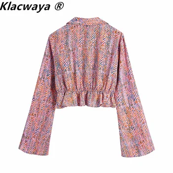Klacwaya 2021 Moterų Derliaus Sagtis Dizaino Hem Klostyti Raukiniai Trumpi Marškinėliai Spausdinti Kimono Palaidinė Lady Blusas Marškinėliai Moteriška Apkarpyti Viršūnes 5