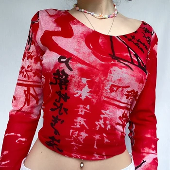 Y2K Grunge Harajuku Pasėlių Viršuje Moterų Rudenį Long Sleeve T-shirt 90-ųjų Derliaus Estetinės Gotikos Prakaitavimas Tees Streetwear Moterų E-girl 5