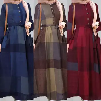 ZANZEA Moterų Musulmonų Maxi Suknelė iki 2021 m. Rudens Derliaus Sluoksniuotos Rankovėmis Juostinės Ilgai Vestidos Atsitiktinis Pledas Sundress Lady Prarasti Kaftan Skraiste 5