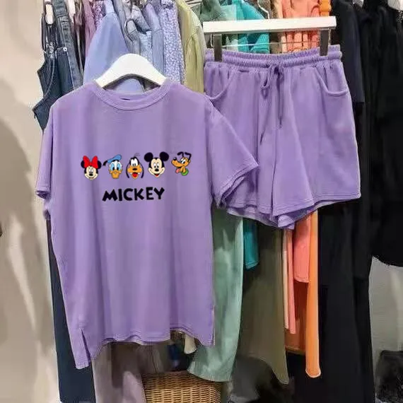 Cartoon 2 Vnt/komplektas Šortai Moterų Kostiumai sportiniai Kostiumai Atsitiktinis Disney Mickey Mados Atspausdinta Marškinėliai trumpomis Rankovėmis Apranga Femmed Tshirts