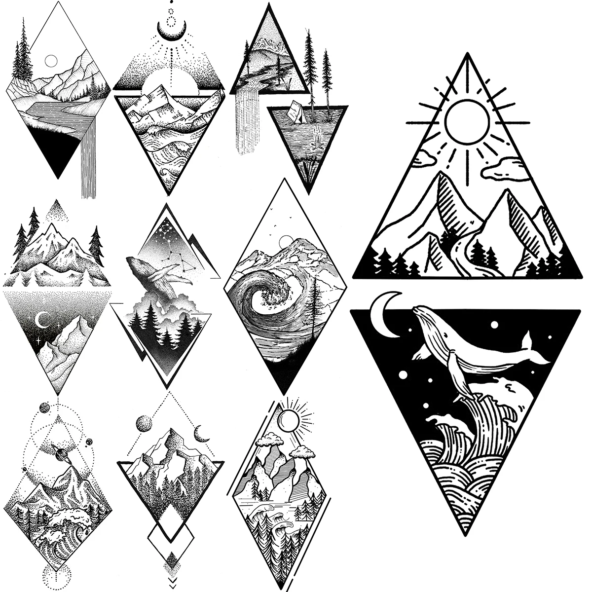 Mažas Kalnų Bangos Banginis Laikinos Tatuiruotės Moterys Vyrai Realus Medžio Geometrinis Saulės Netikrą Tatuiruotę Lipdukas Atgal Vertus Tatoos