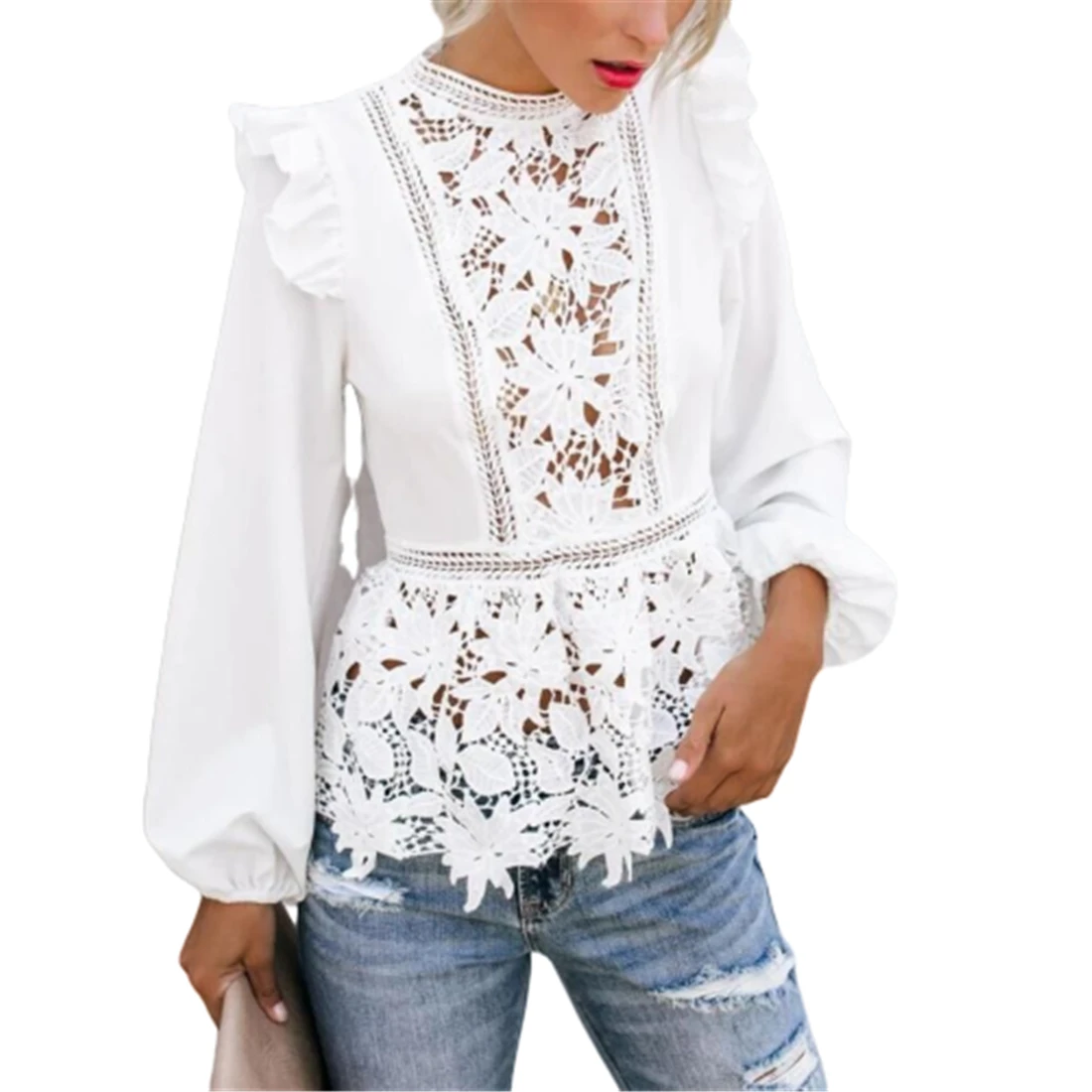 Moterims Palaidinės Gėlių Nėrinių ilgomis Rankovėmis Balta Ponios Pynimas Tuščiaviduriai Iš Marškiniai, Elegantiškas Palaidinė Vasaros Streetwear S-XL 3