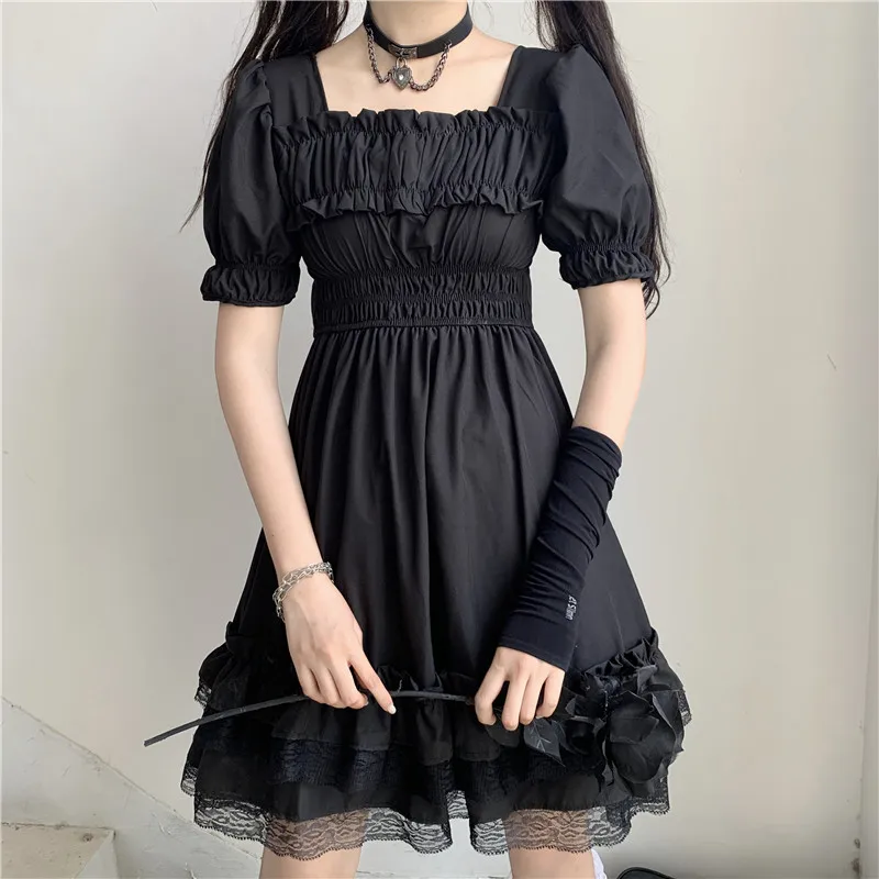 Japonijos Moterys Viktorijos Gotika Aikštėje Apykaklės Raukiniai, Nėriniai Juoda Lolita Dress Vasaros Mergaitės Steampunk Sluoksniuotos Rankovėmis Mini Suknelės
