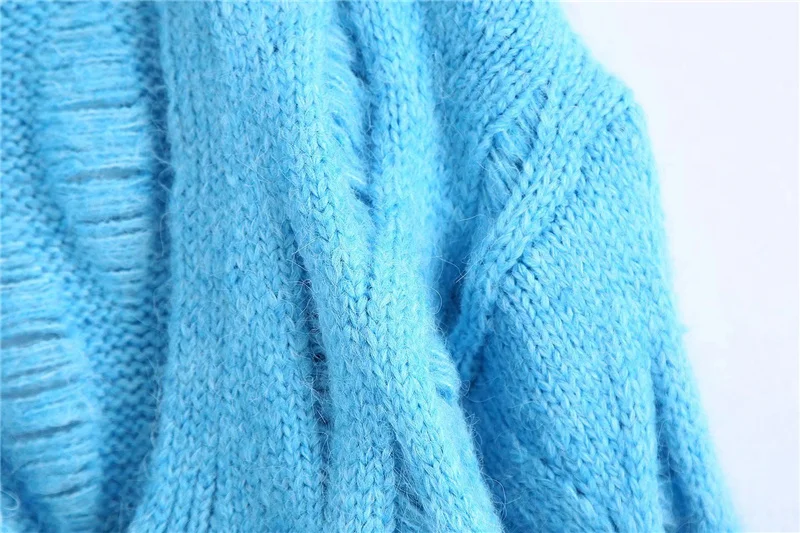 ZXQJ Moterų Blue Hole V Kaklo Minkštas Megzti Megztinis 2021 M. Rudens Mados Lady ilgomis Rankovėmis Atsitiktinis Megztinis Moteriška Tuščiaviduriai Iš Trikotažas 0
