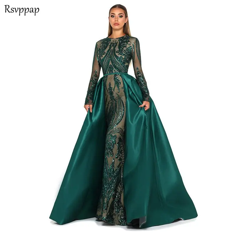 Ilgą Vakarinę Suknelę 2022 Ilgomis Rankovėmis Undinė Nėrinių Saudo Arabijos Smaragdas Žalia Moterų Oficialią Vakaro Suknelė Su Nuimamais Traukinys 3