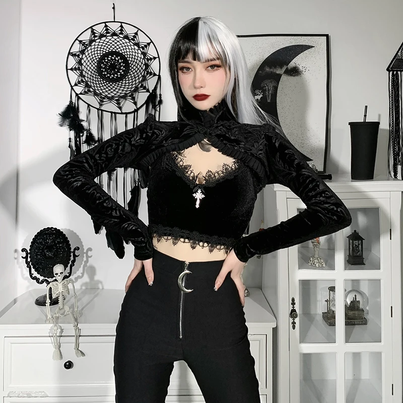 InsGoth Derliaus Sexy Black Velvet Apkarpyti Viršūnes Estetinės Goth Long Sleeve T-Shirts Elegantiškas Mygtuką Iki Viršūnės Šalis Suknelė Priedų 2