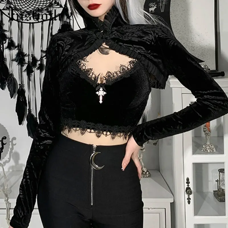 InsGoth Derliaus Sexy Black Velvet Apkarpyti Viršūnes Estetinės Goth Long Sleeve T-Shirts Elegantiškas Mygtuką Iki Viršūnės Šalis Suknelė Priedų 4