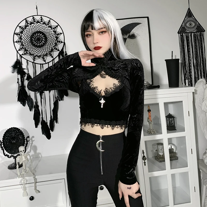 InsGoth Derliaus Sexy Black Velvet Apkarpyti Viršūnes Estetinės Goth Long Sleeve T-Shirts Elegantiškas Mygtuką Iki Viršūnės Šalis Suknelė Priedų 5