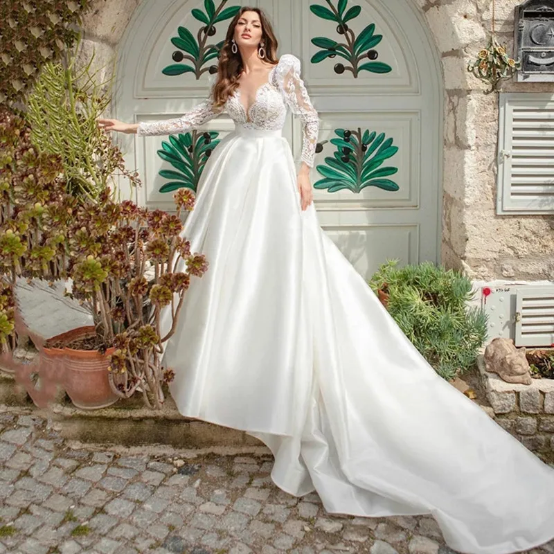 Elegantiškas V-Kaklo Vestuvių Suknelė ilgomis Rankovėmis-Line 2022 Princesė Vestuvių Suknelės Nėriniai Appliques Mygtuką White Satin Vestido de Novia