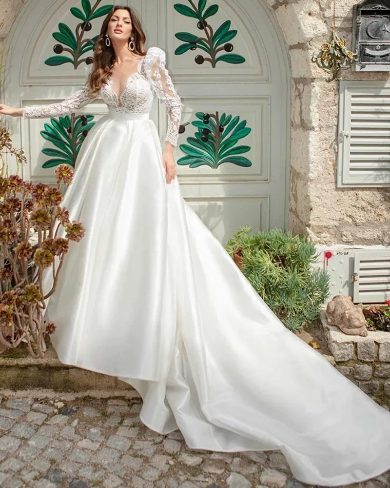 Elegantiškas V-Kaklo Vestuvių Suknelė ilgomis Rankovėmis-Line 2022 Princesė Vestuvių Suknelės Nėriniai Appliques Mygtuką White Satin Vestido de Novia 1