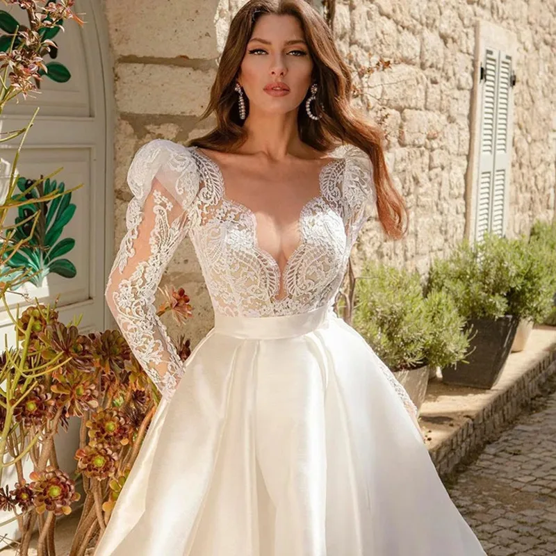Elegantiškas V-Kaklo Vestuvių Suknelė ilgomis Rankovėmis-Line 2022 Princesė Vestuvių Suknelės Nėriniai Appliques Mygtuką White Satin Vestido de Novia 2