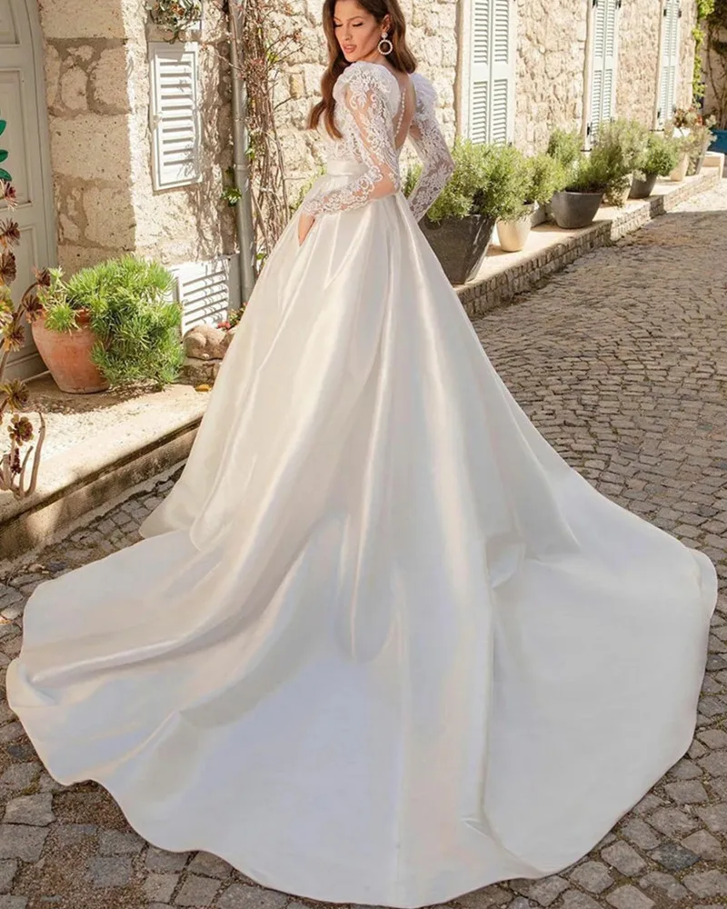Elegantiškas V-Kaklo Vestuvių Suknelė ilgomis Rankovėmis-Line 2022 Princesė Vestuvių Suknelės Nėriniai Appliques Mygtuką White Satin Vestido de Novia 5