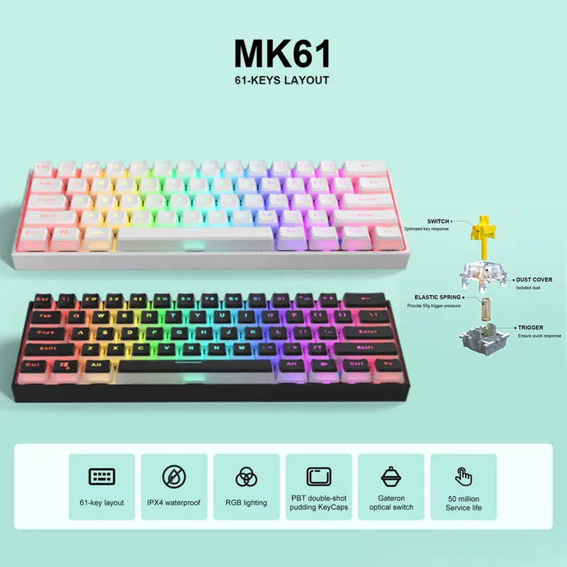 MK61 61 Klavišų PBT Keycap Mechaninė Žaidimų Klaviatūra RGB Apšvietimas Karšto Keitimo NKRO Gateron Switchs Tipas-C Laidinio PC Kompiuteris 0