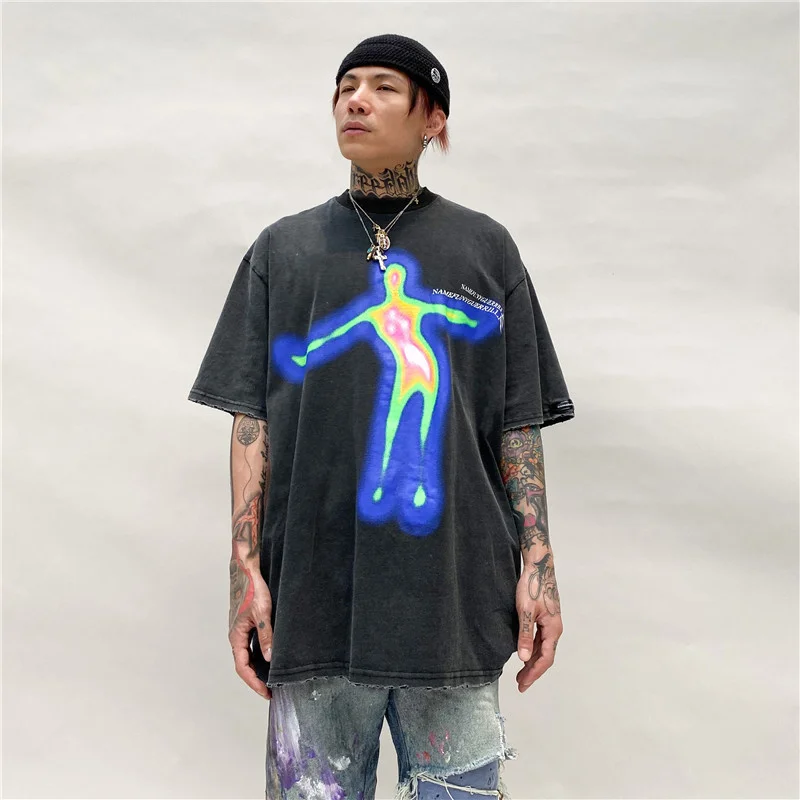 Vasaros Iškreiptas Portretas Spausdinimo T-shirt Vyrai Y2k Hip-Hop trumparankoviai Streetwear Negabaritinių Retro Vyrų Marškinėliai
