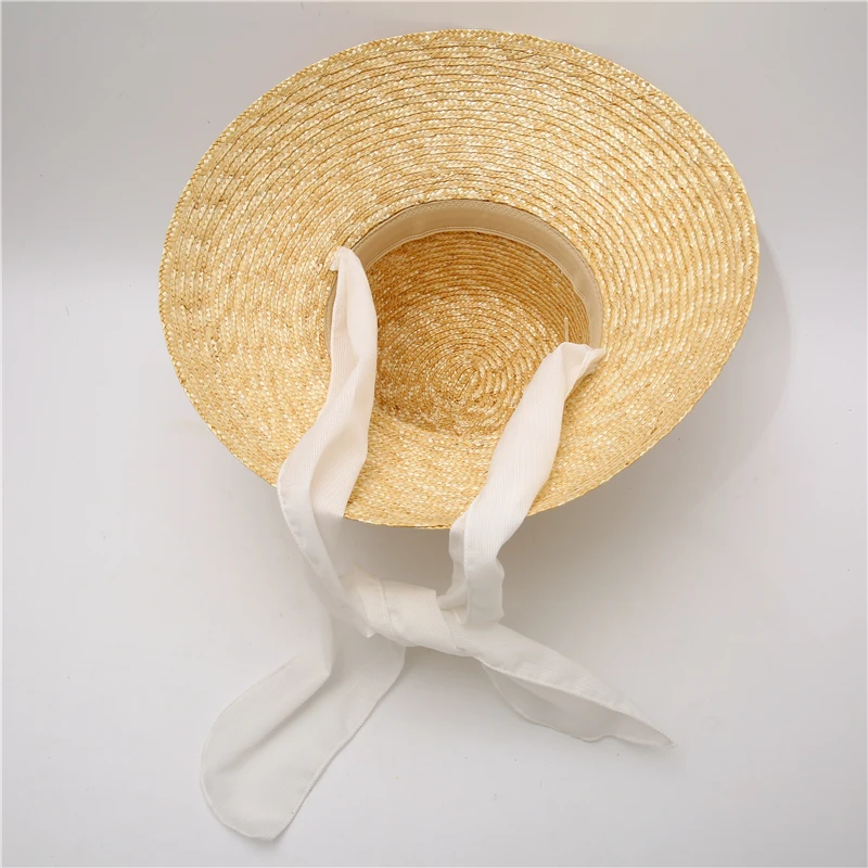 2021 Naujas Moterų Vasarinių Kviečių Šiaudų Skrybėlę su Balta Juostele Kaklaraištį Ponios Platus Kraštų Flat Top SunHats UV Apsauga Paplūdimio Kepurė