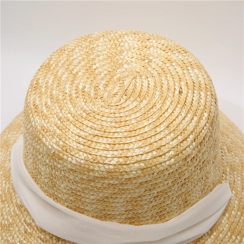 2021 Naujas Moterų Vasarinių Kviečių Šiaudų Skrybėlę su Balta Juostele Kaklaraištį Ponios Platus Kraštų Flat Top SunHats UV Apsauga Paplūdimio Kepurė 2