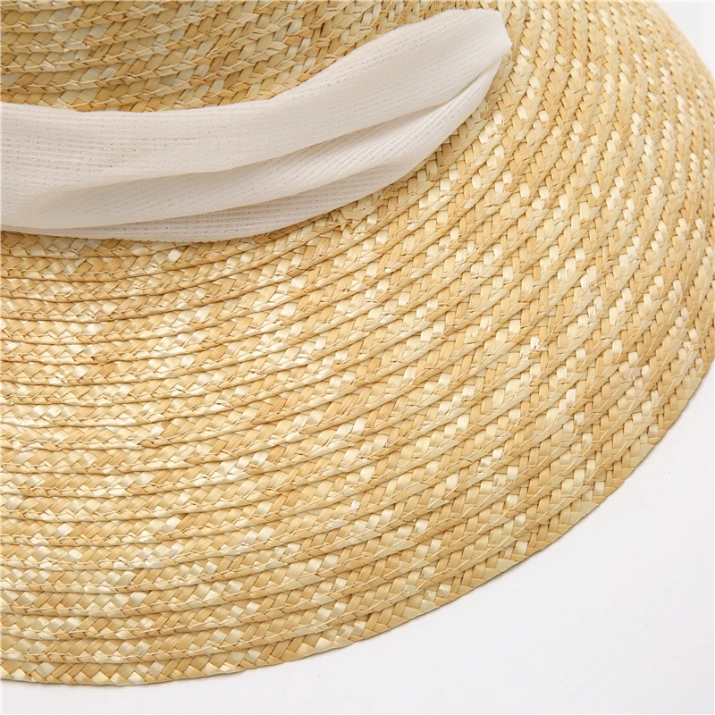 2021 Naujas Moterų Vasarinių Kviečių Šiaudų Skrybėlę su Balta Juostele Kaklaraištį Ponios Platus Kraštų Flat Top SunHats UV Apsauga Paplūdimio Kepurė 4
