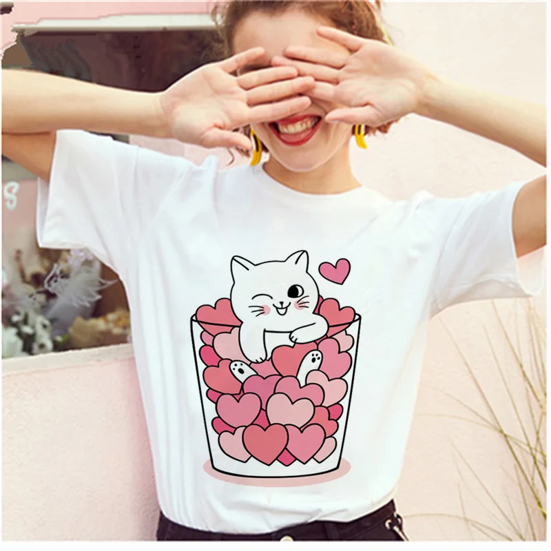 AOWOF Kawaii Funny Cat Meilės Teacup T-shirt Moterims, Dovana, Print T-shirt Vasaros Harajuku Laisvi marškinėliai Streetwear Viršuje Tee 1