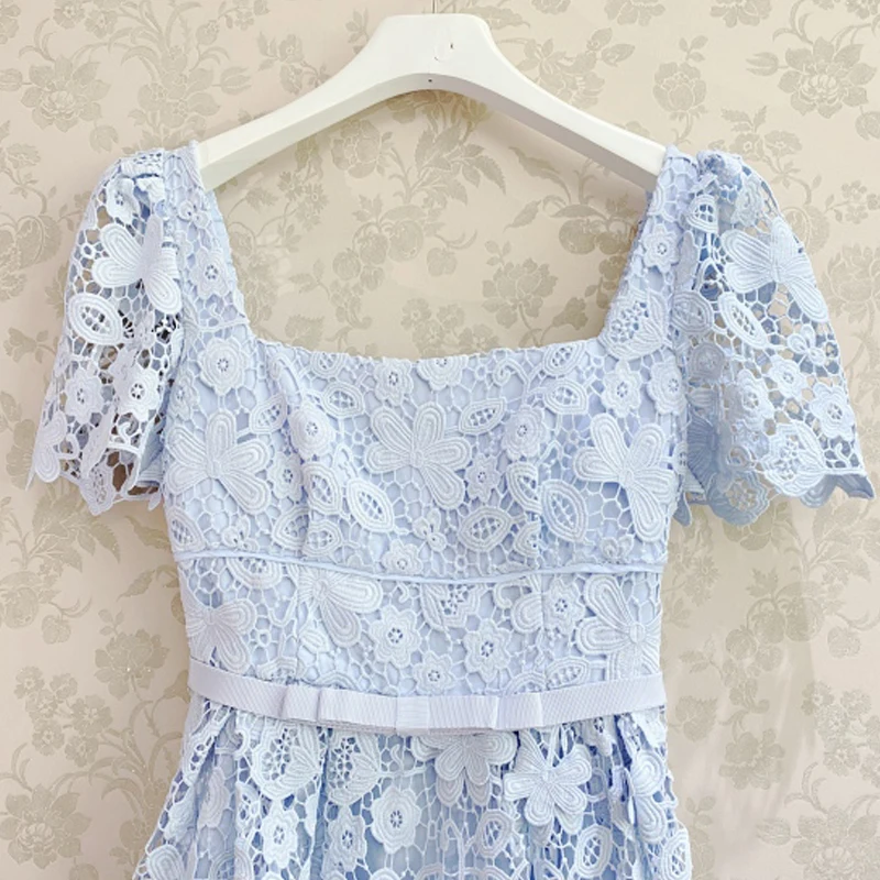 AELESEEN Aukštos Kokybės kilimo ir tūpimo Tako Mados Moterų Nėrinių Suknelė 2021 M. Vasaros Aikštėje Apykaklės Gėlių Siuvinėjimas Dangaus Mėlyna Balta Elegantiška Suknelė 4