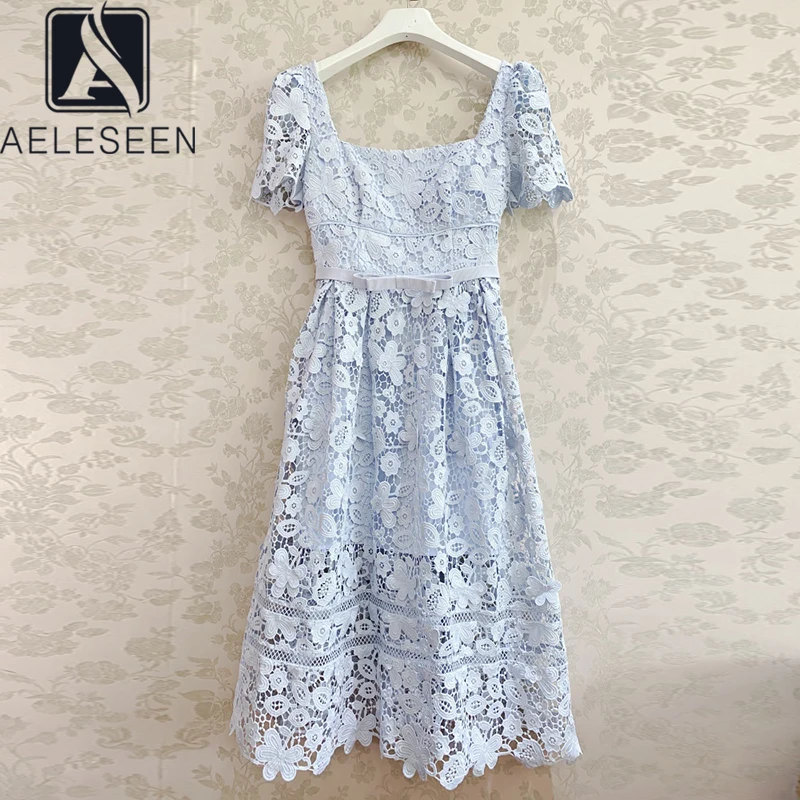 AELESEEN Aukštos Kokybės kilimo ir tūpimo Tako Mados Moterų Nėrinių Suknelė 2021 M. Vasaros Aikštėje Apykaklės Gėlių Siuvinėjimas Dangaus Mėlyna Balta Elegantiška Suknelė 5